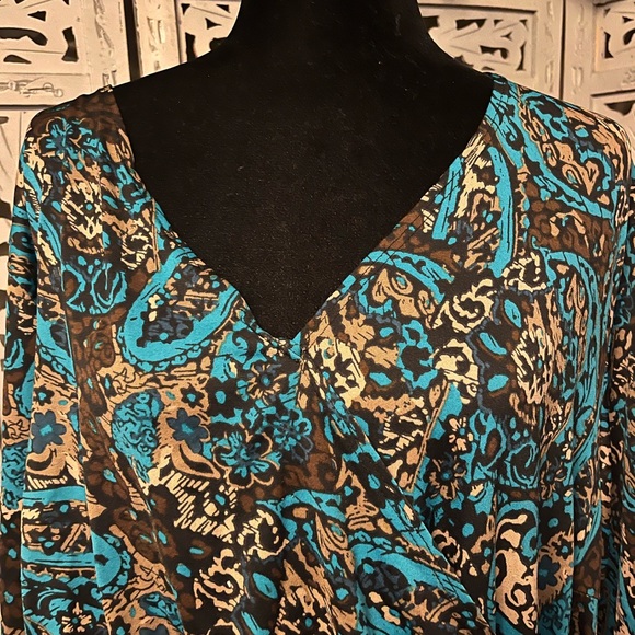 ELEMENTZ EXCELLENT TURQUOISE BLUE & TAN/BROWN SWIRL DESIGN MID SLEEVE MIDI DRESS - Picture 3 of 10